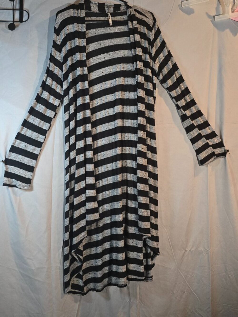 Size XL Azules Black Gray Striped Duster Cardigan – Long Open Front, Lightweight